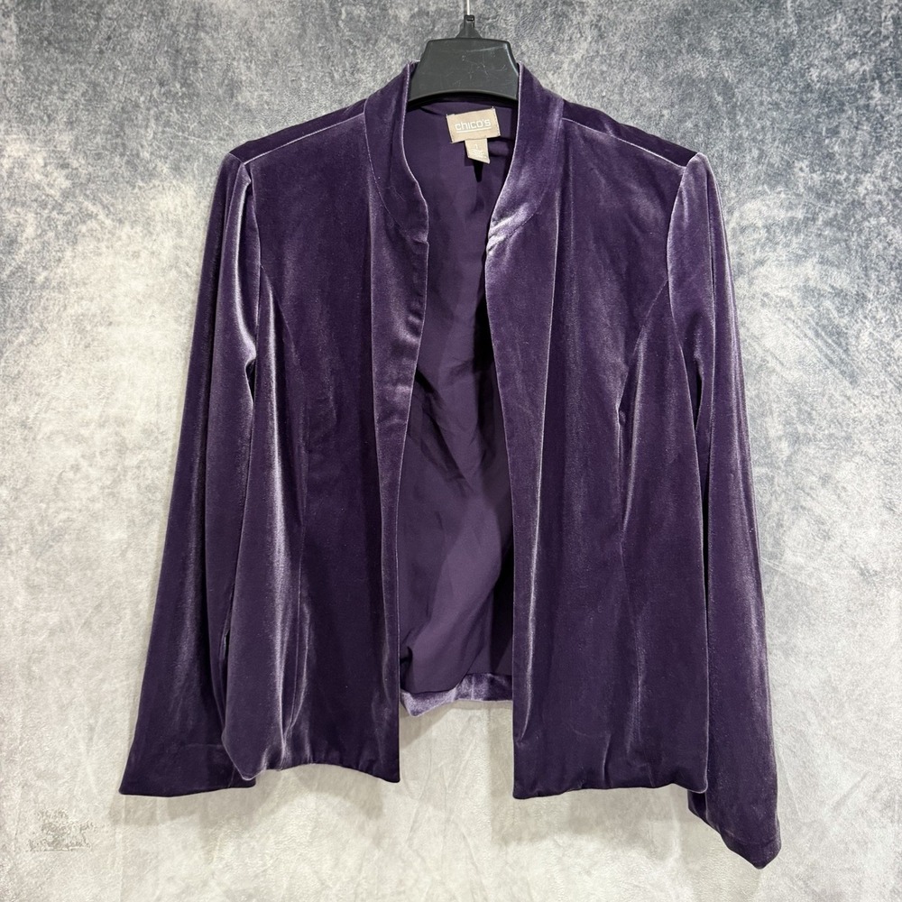 CHICO'S Purple Soft Stretchy Velour Open Front Jacket Cardigan Women’s Size 1